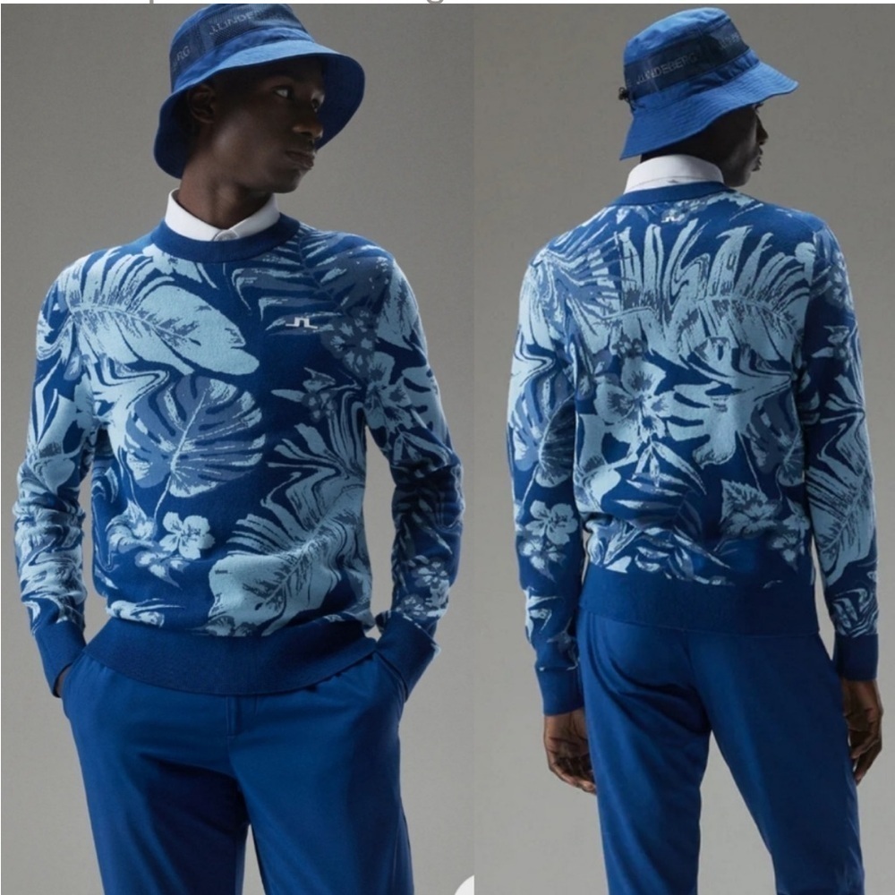New J. Lindeberg Men’s Percy Hibiscus Blue Sweater Large - Picture 4 of 11